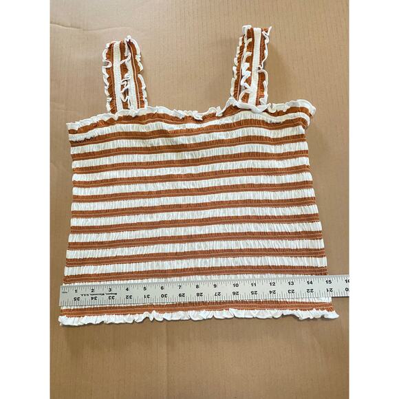 VERONICA BEARD TOP BROWN TAN WHITE RUCHED SMOCKED CROP STRIPED CAFE NEUTRAL - Picture 13 of 14
